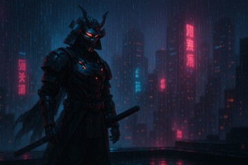 Futuristic samurai standing in neon-lit cityscape with red and blue light effects