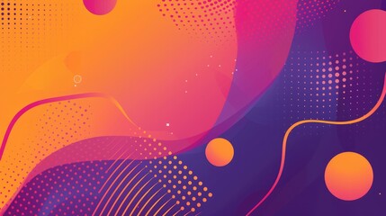 A vibrant abstract background featuring gradients, shapes, and dots in orange and purple hues.