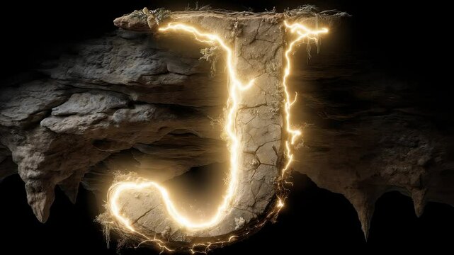 Stone letter J glows and pulses in cave
