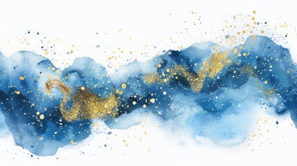 Abstract watercolor design featuring blue hues and gold accents for creative projects.