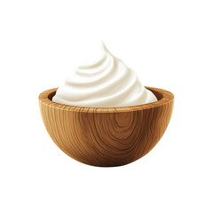 Delicate swirl of dairy cream topping a rustic wooden bowl against a dark background