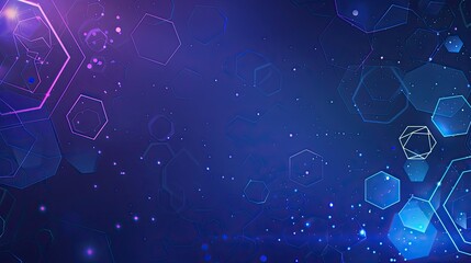 Abstract geometric background with hexagons and glowing particles in blue and purple hues.