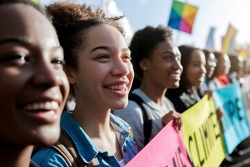 Empowered youth climate protest for justice, youth climate protest with diversity, smiling youth climate protest in action, young environmental advocates, girl-led climate movement