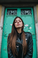 Fototapeta premium Woman Posing in Front of a Green Door
