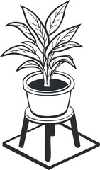 Black and white illustration of a leafy indoor potted plant sitting on a wooden stand with soil in the pot
