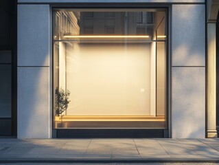 A contemporary storefront with large glass windows, wooden accents and interior lighting.