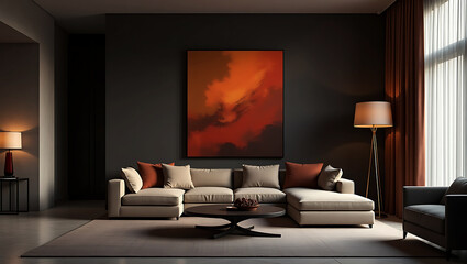 Modern Living Room Interior With Sofa Plants Coffee Table And Empty Wall