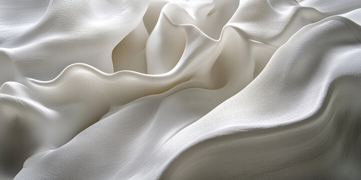 Abstract image of off-white fabric texture, showing flowing, wave-like folds.  Suggests smoothness, elegance, and sophisticated design, ideal for minimalist aesthetics.