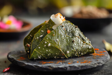 Close-up View of a Single Paan Betel Leaf With Spices and Fillings on a Black Stone Plate