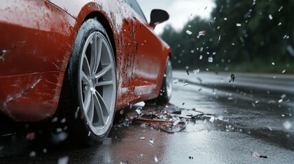 Close-up of a damaged car bumper with shattered glass on a wet road, depicting a car accident scene. Concept of vehicle collision, road safety, and emergency situations
