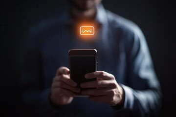 Man holding smartphone in a dimly lit room, illuminated by a glowing icon above