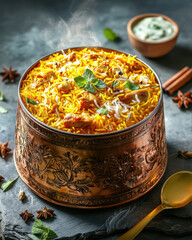 Close-up View of Traditional Hyderabadi Biryani Served in a Decorative Vessel