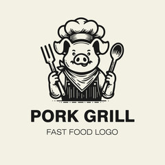 Fast food restaurant logo, cheerful pig chef in apron and hat, monochrome vector illustration isolated on light background.