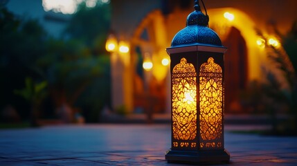 Handmade Moroccan lantern on stone patio, illuminated with candle, emitting warm glow.