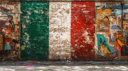 Urban brick wall adorned with graffiti and Italian flag colors.