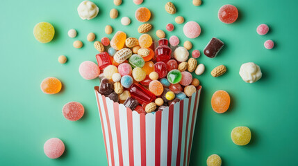 Sweet Candy in striped bucket on Green background