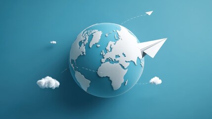 Fototapeta premium Paper Airplane Soaring Around a Miniature Globe Representing Global Travel and Exploration