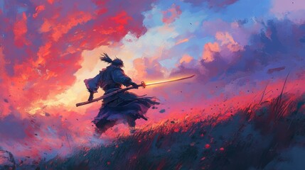 Fototapeta premium Samurai Sunset: A Digital Painting of a Lone Warrior