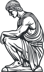 Black and white vector illustration of a muscular ancient Greek man statue in a thoughtful squatting pose