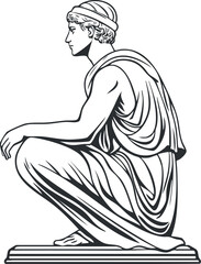 Black and white line art of an ancient classical statue of a male figure kneeling in profile