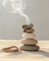 Natural Elements Stacked for Tranquility and Balance With Herbal Smoke Rising Gently