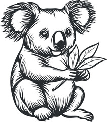 Black and white line art illustration of a cute koala holding eucalyptus leaves sitting down © vadymstock
