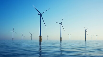A group of wind turbines are in the water, with the ocean in the background. The turbines are tall and blue, and they are all facing the same direction. The scene is peaceful and serene