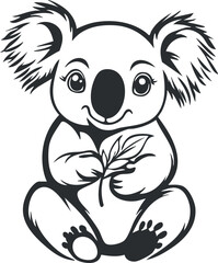Obraz premium Cute black and white cartoon illustration of a koala holding a leaf sitting facing forward