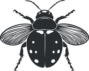 Black and white vector illustration of a beetle insect with detailed wings and antennae on a white background