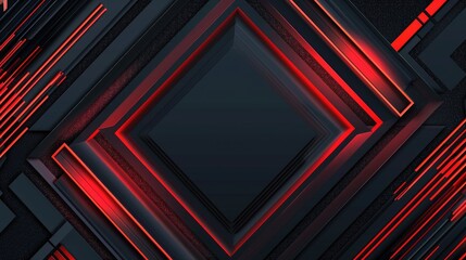 A modern abstract design featuring geometric shapes and dynamic red lines.