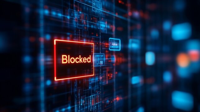 Futuristic Digital Interface Displaying a Blocked Message in Glowing Red Box