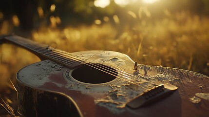 Faded acoustic guitar resting in tall grass at golden hour.