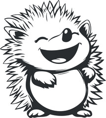 Cute cartoon hedgehog with spiky fur smiling and winking in black and white vector style