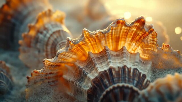 Sunlight shines through the ridges of a detailed seashell resting on sandy beach, highlighting its intricate patterns and warm colors.