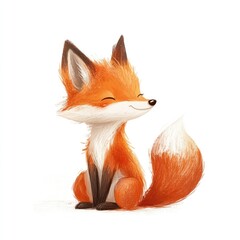 Fototapeta premium Adorable Cartoon Fox Sitting, Happy Expression, Orange Fur, White Background
