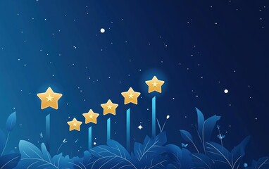 Glowing Gold Stars Rising Above Dark Blue Leaves