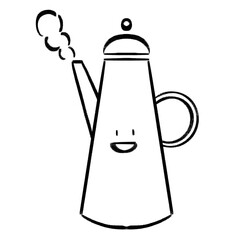 Smiley Face Teapot Cute Retro Doodle Black and White Hand Drawn Illustration.