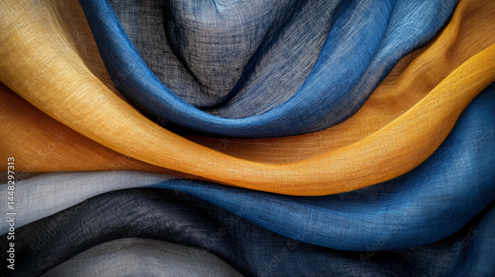 Poster abstract image of gold, blue, and gray fabric textures creating flowing waves, showcasing elegance a