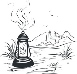 Black and white illustration of an old lantern with smoke by a winding river and distant castle on mountains