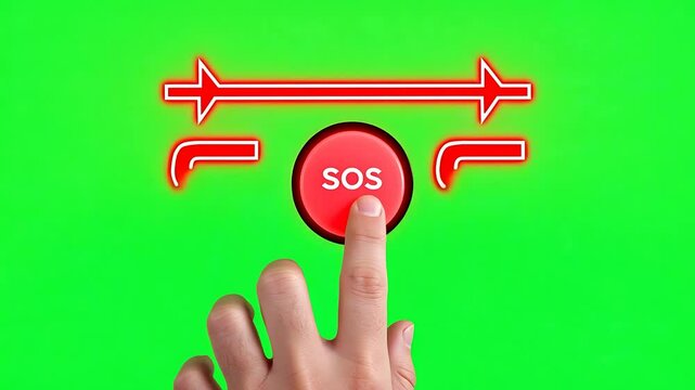 Finger presses a red SOS button on a green screen