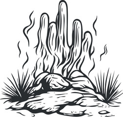 Black and white illustration of a cactus plant with rocks and desert bushes in a dry arid landscape