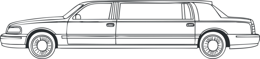 Black and white outline illustration of a luxury limousine car side view showing detailed doors and wheels