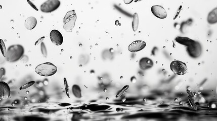 Abstract black and white image of water droplets and shiny coins falling