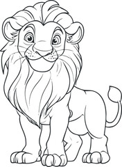 Black and white line art of a smiling cartoon lion with a big mane standing and looking forward