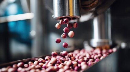Pink Beans Falling into Industrial Conveyor Belt Food Production Process