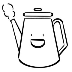 Smiley Face Teapot Cute Retro Doodle Black and White Hand Drawn Illustration.