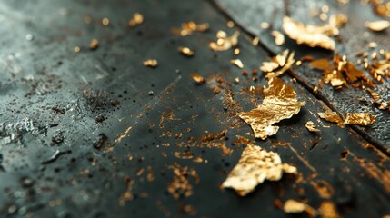 Golden Leaf Fragments on Dark Textured Surface with Rustic Appeal