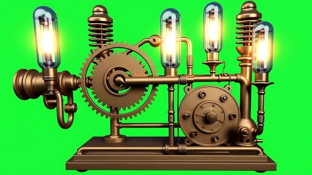 Brass steampunk lamp. Intricate gears, pipes, and light bulbs