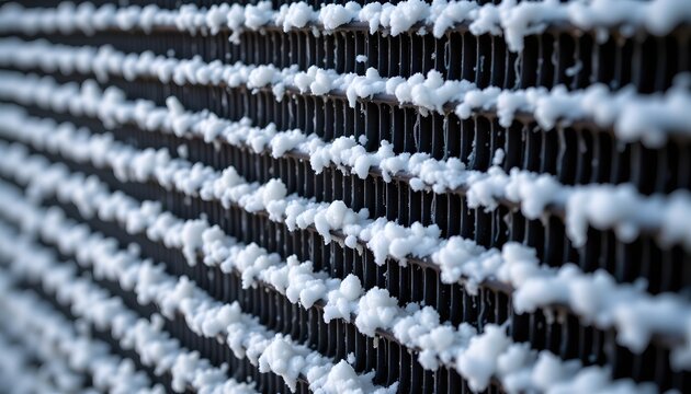 Snowy Grid Texture: A close-up shot of a metallic grid covered in a fresh layer of delicate, textured snow, creating an aesthetic study in contrasting textures and patterns. - Powered by Adobe