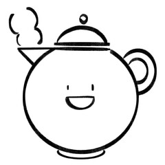 Smiley Face Teapot Cute Retro Doodle Black and White Hand Drawn Illustration.